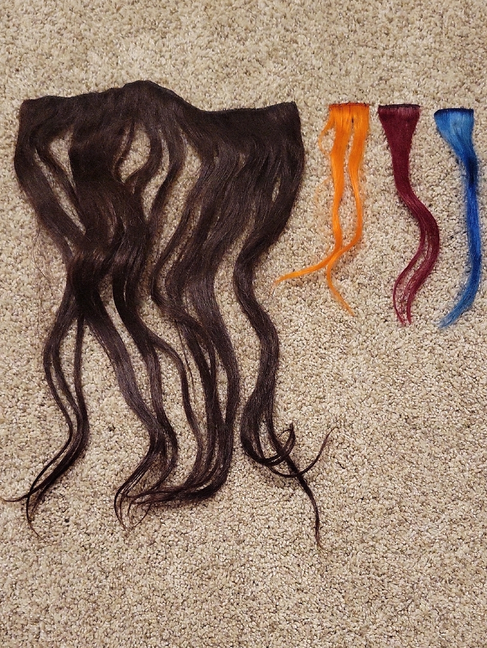 Dark Brown Clip-In Hair Piece with Orange, Burgundy & Blue Accent Strands